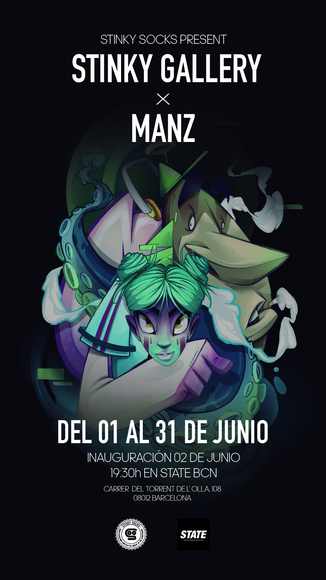 stinkygallery-POSTER-A2-stateXstinky-stinkysocks-stinky-socks-stinkyfamily-expo-skateboardculture-skateart-stateart-barcelona-skateshop-statebcn-state